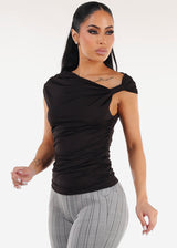Black Sleeveless Asymmetrical Neckline Blouse