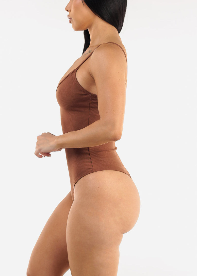 Sleeveless Vneck Ribbed Thong Bodysuit Brown
