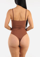 Sleeveless Vneck Ribbed Thong Bodysuit Brown