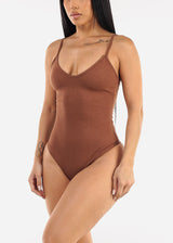 Sleeveless Vneck Ribbed Thong Bodysuit Brown