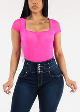 Short Sleeve Square Neck Stretchy Mesh Bodysuit Fuchsia