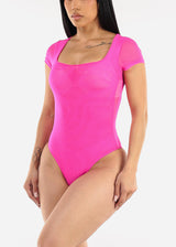 Short Sleeve Square Neck Stretchy Mesh Bodysuit Fuchsia