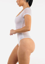 White Short Sleeve Square Neck Stretchy Mesh Bodysuit