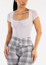 White Short Sleeve Square Neck Stretchy Mesh Bodysuit
