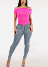 Off Shoulder Ruched Crop Top Fuschia