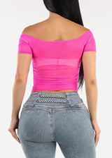 Off Shoulder Ruched Crop Top Fuschia