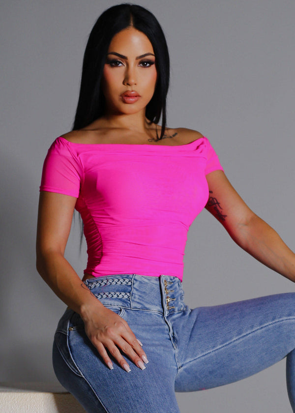 Off Shoulder Ruched Crop Top Fuschia