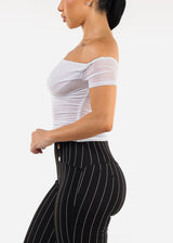Off Shoulder Ruched Mesh Crop Top White