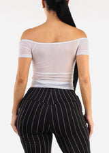 Off Shoulder Ruched Mesh Crop Top White