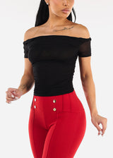 Black Off Shoulder Ruched Crop Top