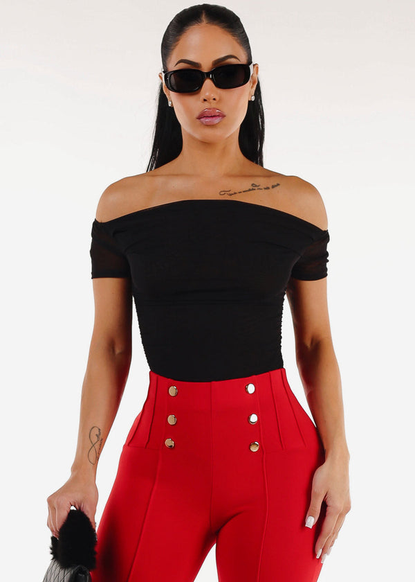 Black Off Shoulder Ruched Crop Top