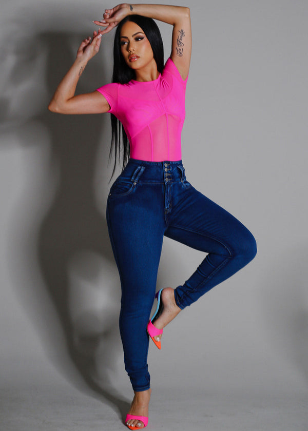 Short Sleeve Round Neckline Mesh Top Fuchsia