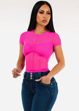 Short Sleeve Round Neckline Mesh Top Fuchsia