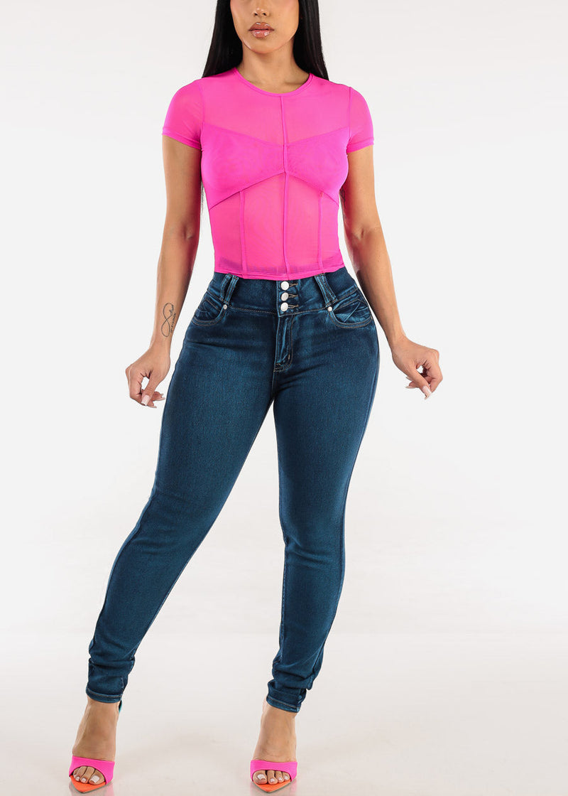 Short Sleeve Round Neckline Mesh Top Fuchsia
