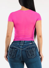 Short Sleeve Round Neckline Mesh Top Fuchsia