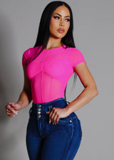 Short Sleeve Round Neckline Mesh Top Fuchsia