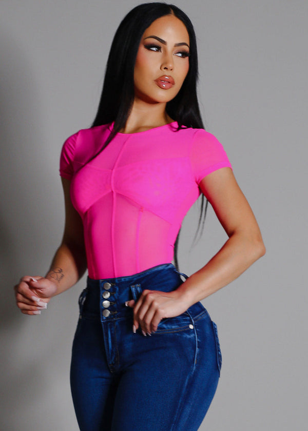 Short Sleeve Round Neckline Mesh Top Fuchsia