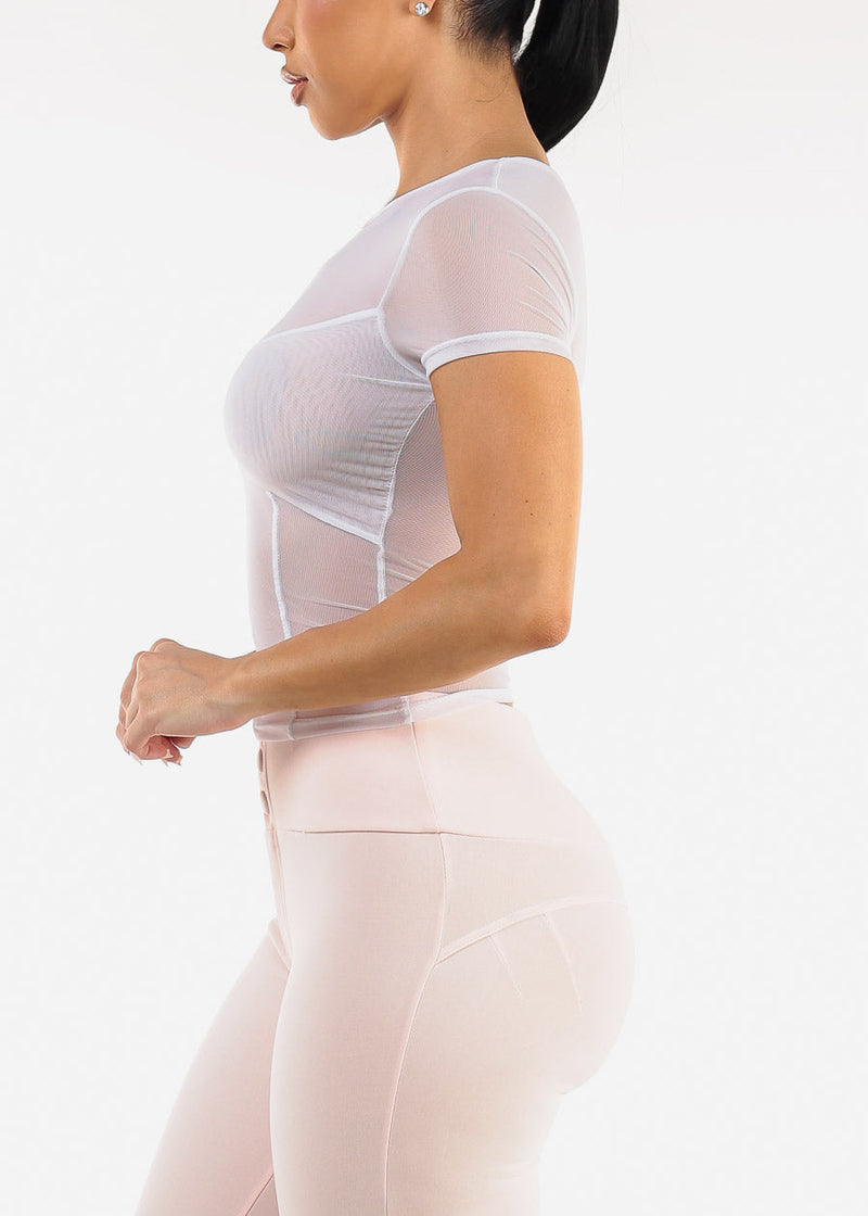 White Short Sleeve Stretchy Mesh Crop Top