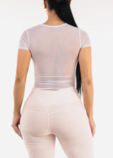 White Short Sleeve Stretchy Mesh Crop Top