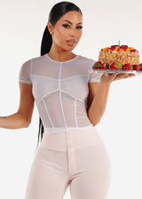 White Short Sleeve Stretchy Mesh Crop Top