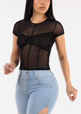 Short Sleeve Round Neckline Mesh Top Black