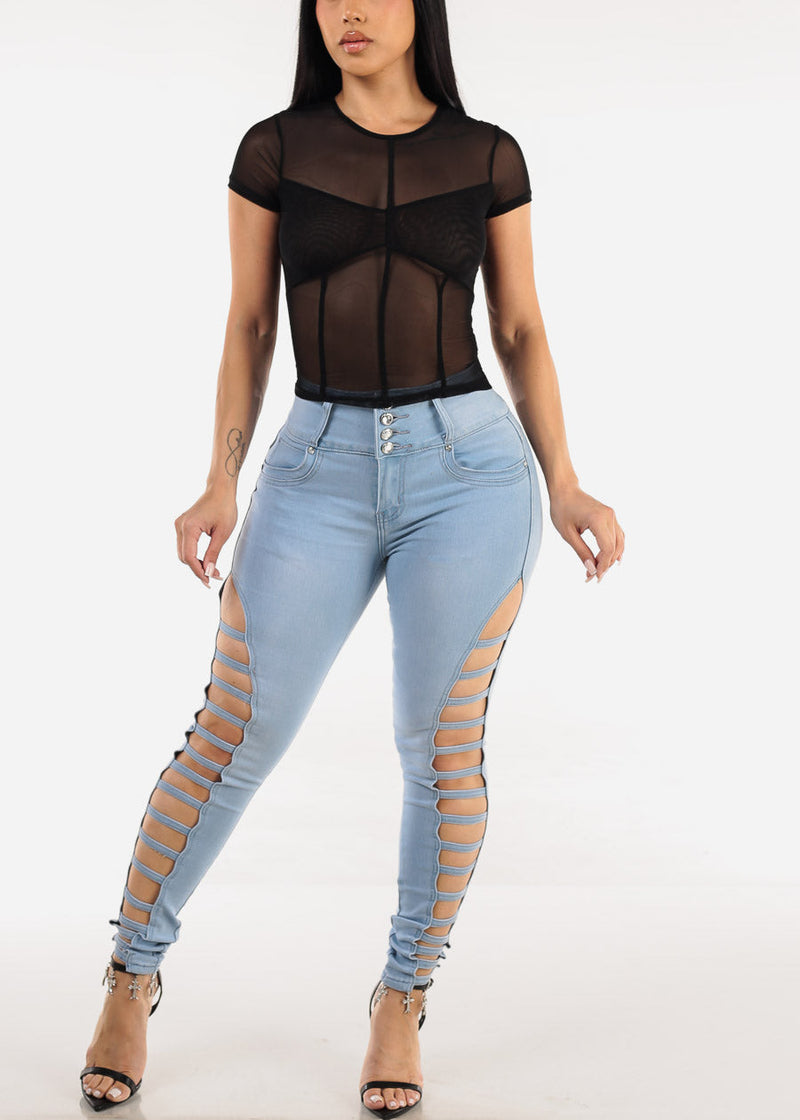 Short Sleeve Round Neckline Mesh Top Black