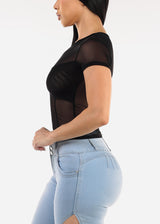 Short Sleeve Round Neckline Mesh Top Black
