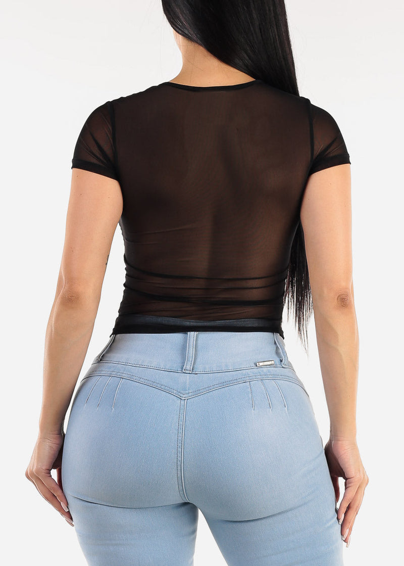 Short Sleeve Round Neckline Mesh Top Black