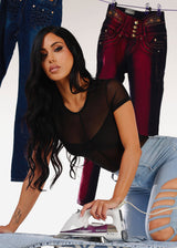 Short Sleeve Round Neckline Mesh Top Black