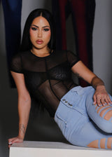 Short Sleeve Round Neckline Mesh Top Black