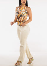 Satin Printed Halter Blouse Mustard