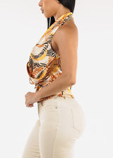 Satin Printed Halter Blouse Mustard