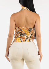 Satin Printed Halter Blouse Mustard