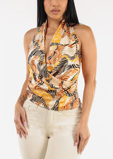 Satin Printed Halter Blouse Mustard