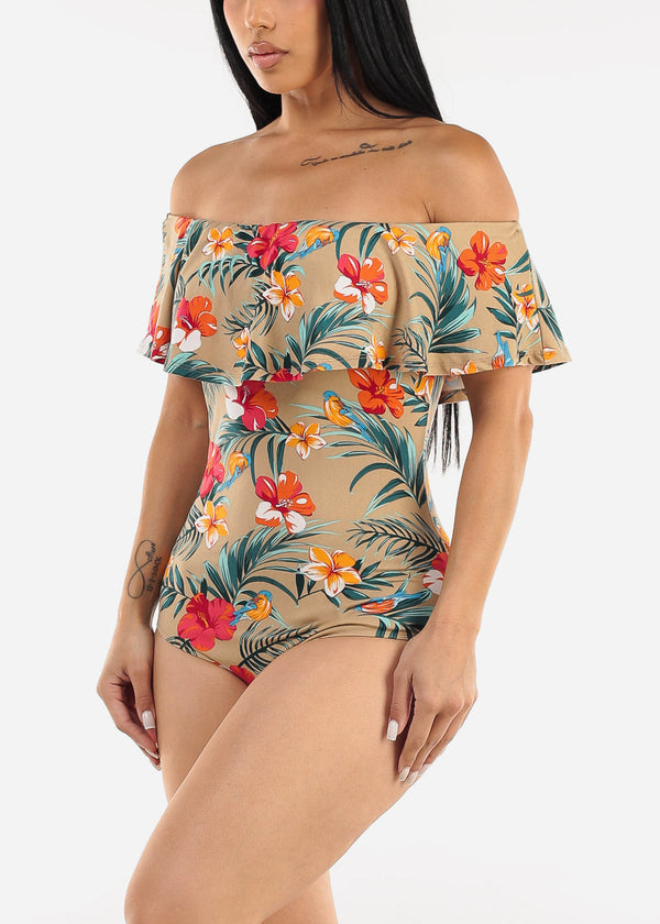 Off Shoulder Floral Bodysuit Mocha