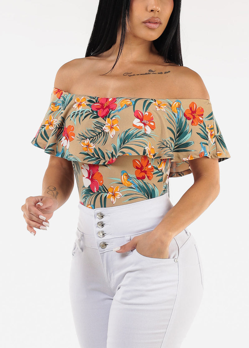 Off Shoulder Floral Bodysuit Mocha