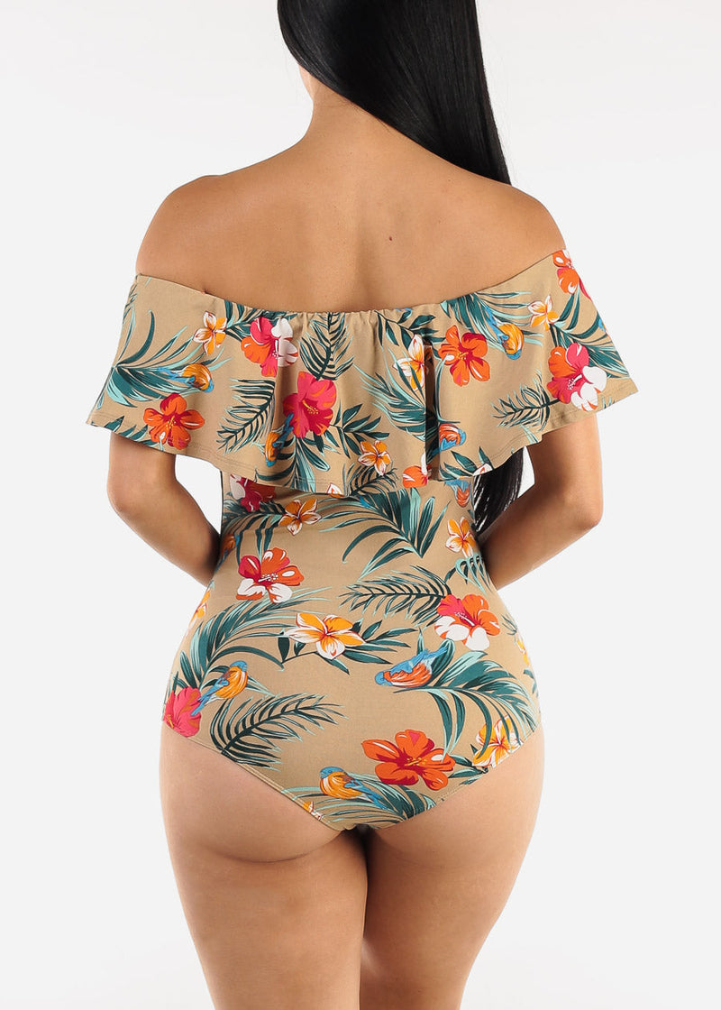 Off Shoulder Floral Bodysuit Mocha