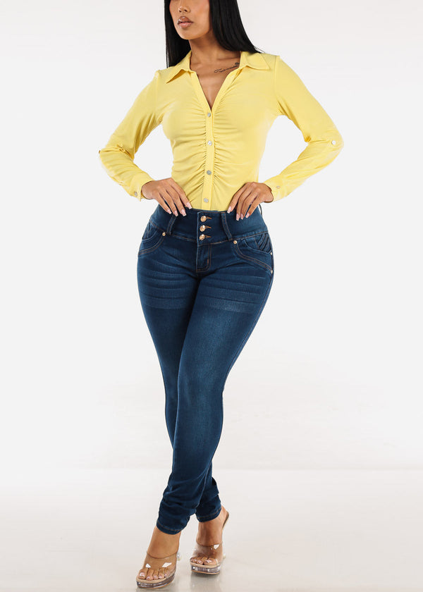Stretchy Long Sleeve Button Up Ruched Collared Blouse Yellow