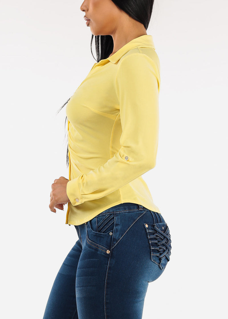 Stretchy Long Sleeve Button Up Ruched Collared Blouse Yellow