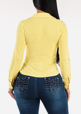 Stretchy Long Sleeve Button Up Ruched Collared Blouse Yellow