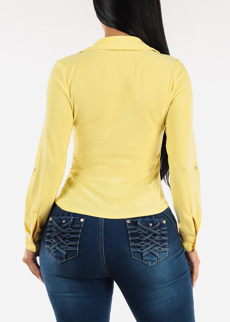 Stretchy Long Sleeve Button Up Ruched Collared Blouse Yellow