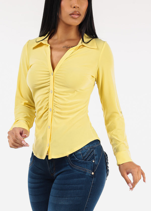 Stretchy Long Sleeve Button Up Ruched Collared Blouse Yellow