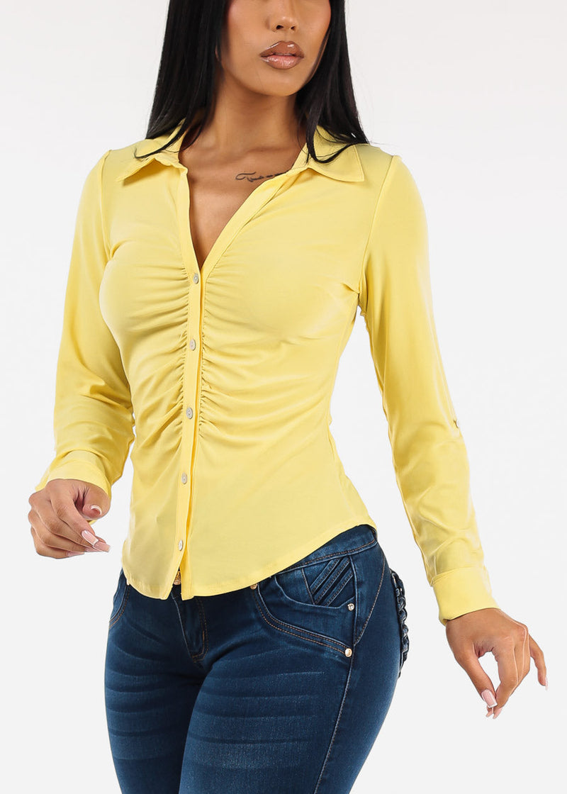 Stretchy Long Sleeve Button Up Ruched Collared Blouse Yellow
