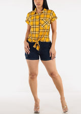 Tie Front Short Sleeve Button Up Plaid Blouse Mustard