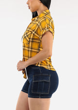Tie Front Short Sleeve Button Up Plaid Blouse Mustard