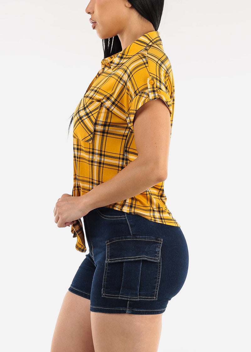 Tie Front Short Sleeve Button Up Plaid Blouse Mustard