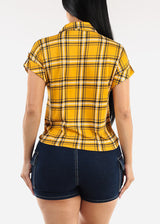 Tie Front Short Sleeve Button Up Plaid Blouse Mustard