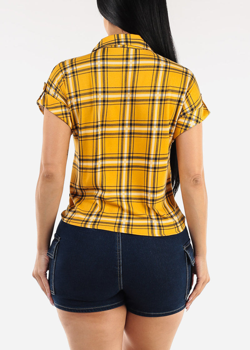 Tie Front Short Sleeve Button Up Plaid Blouse Mustard