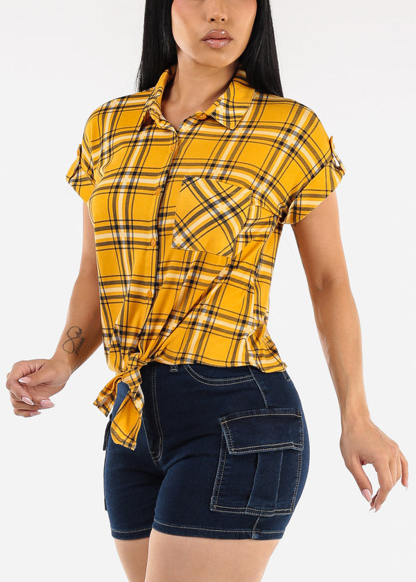 Tie Front Short Sleeve Button Up Plaid Blouse Mustard