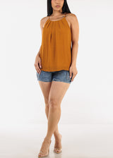 Sleeveless Polka Dot Pleated Blouse Mustard